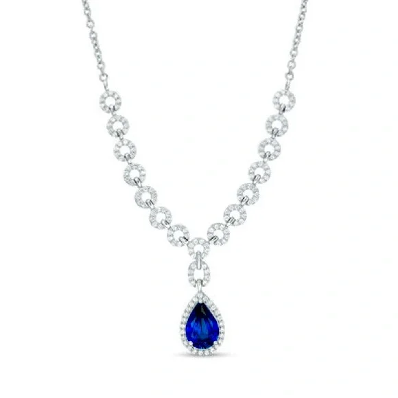 Blue and White Sapphire Frame Chain Link necklace in sterling silver - Picture 1 of 10